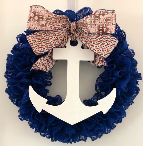 Blue Burlap Anchor Wreath White Anchor Wall Decor Beach Etsy