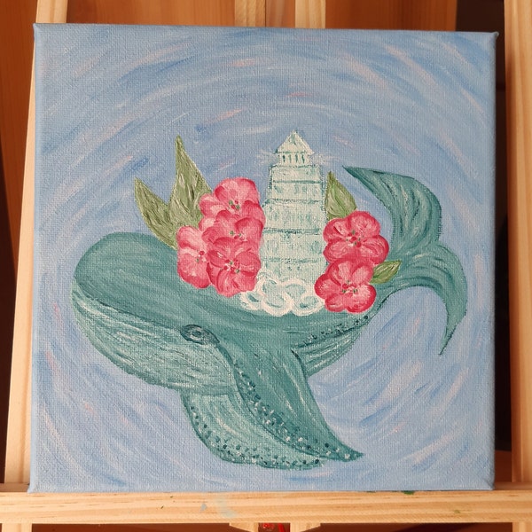 Peinture de baleine avec un phare. Painting marine ocean. Blue Ocean. Pink Roses. Cadeau de décoration d'art mural.