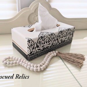Hand Painted Wooden Tissue Box White Black Gold Moroccan Boho Gift For Her