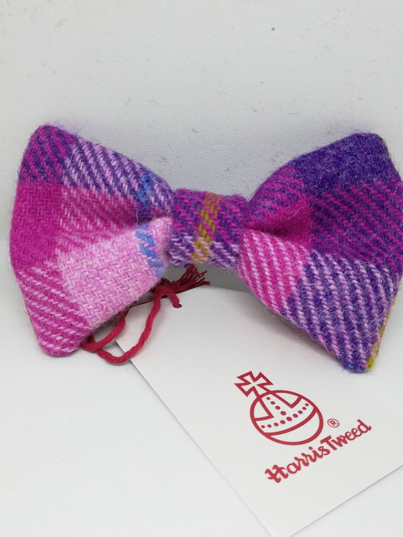 Pink and Purple check Harris Tweed Dog collar and detachable bow tie set