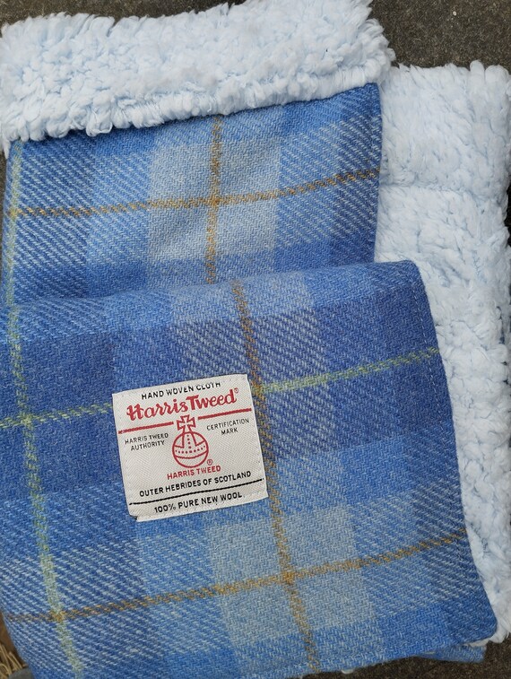Light Blue Check HARRIS TWEED Baby Pram Blanket Handmade in