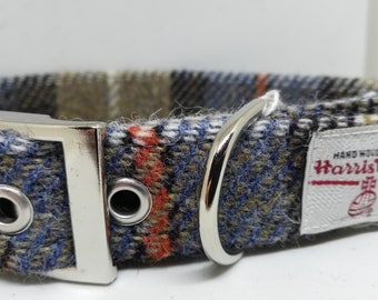 Harris Tweed Dog collar and detachable bow tie set  -Blue and beige check