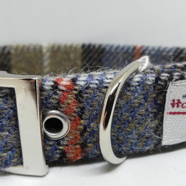 Harris Tweed Dog collar and detachable bow tie set  -Blue and beige check