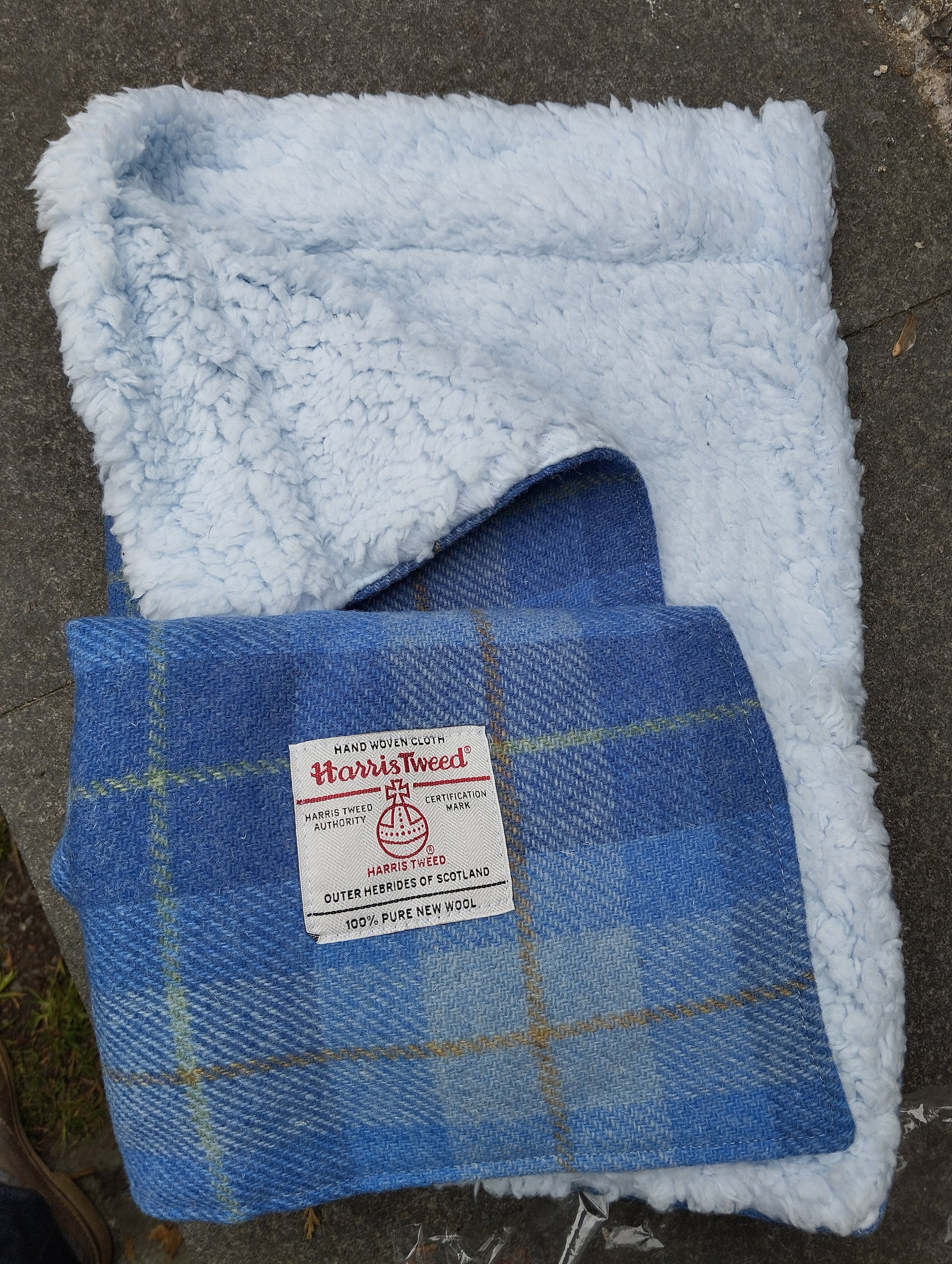 Light Blue Check HARRIS TWEED Baby Pram Blanket Handmade in