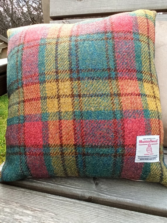 HARRIS TWEED Cushions Burgundy, Green and Mustard Check UK