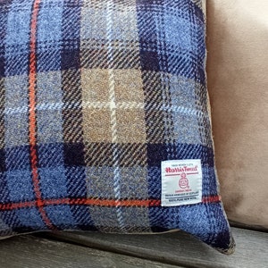 HARRIS TWEED Cushions Blue, beige check with orange lines McKenzie tartan