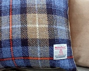 Coussins HARRIS TWEED Carreaux bleus et beiges avec lignes orange Tartan McKenzie