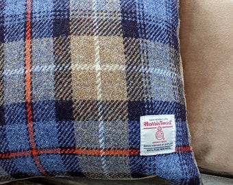 Coussins Harris Tweed Carreaux bleus et beiges avec lignes orange Tartan McKenzie