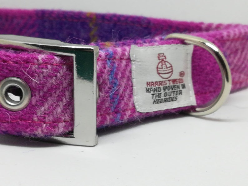 Pink and Purple check Harris Tweed Dog collar and detachable bow tie set