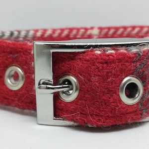 May include: Red and white patterned dog collar with a silver buckle and two silver eyelets.