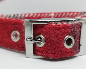 HARRIS TWEED Dog collar and detachable bow tie set  -Red Grey Check