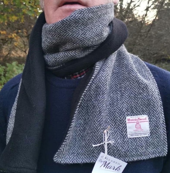 HARRIS TWEED Sciarpa foderata in pile a spina di pesce nera/grigia
