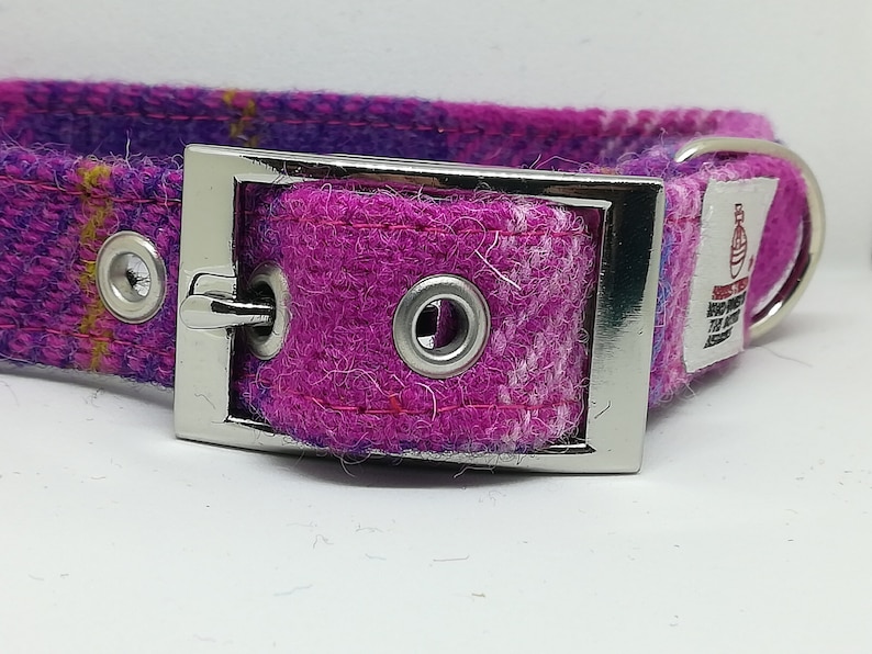 Pink and Purple check Harris Tweed Dog collar and detachable bow tie set