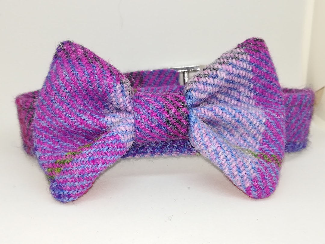 Harris Tweed Dog Collar and Detachable Bow Tie Set Pink, Purple and