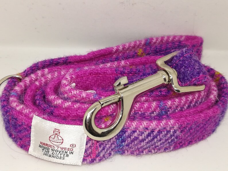 Pink and Purple check Harris Tweed Dog collar and detachable bow tie set