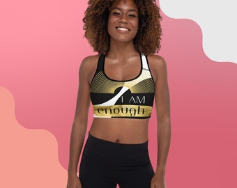 I am enough/Elegant black, white &gold Padded Women sports Bra/ Padded Black and white bra/Exercise Sports padded bra/yoga bra/workout bra