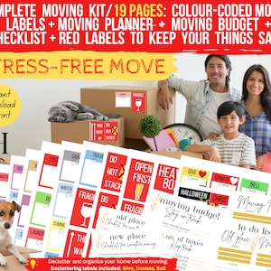 May include: A printable moving kit with 19 pages of colour-coded labels, a moving planner, a moving budget, a checklist, and red labels to keep things safe. The kit is designed to help people move stress-free. The image shows a family of four standing in front of boxes labelled with the kit's labels. The text "STRESS-FREE MOVE" is in large, bold letters at the top of the image.
