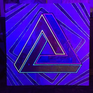 May include: A black canvas with a neon pink and green triangle illusion. The triangle is outlined in neon pink and green and is set against a background of black lines on a purple canvas.