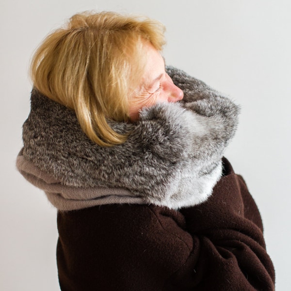 Fur Cowl, Genuine Fur Scarf, Warm Fur Scarf, Hooded Scarf, Real Fur Hood, Double sided Cowl, Rabbit Fur Cowl, Wool Cowl, Fur and Wool Cowl