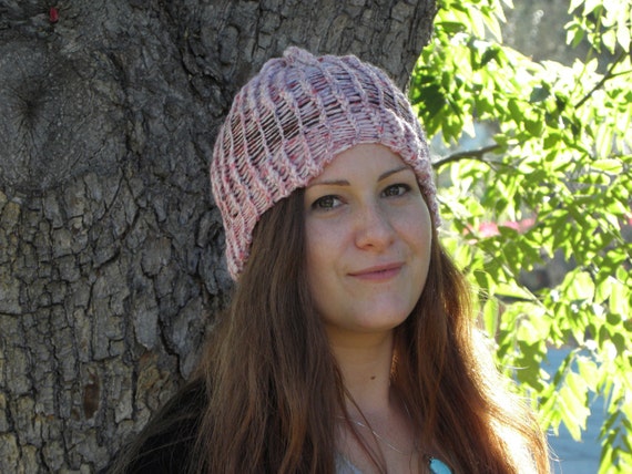 Hand Loom Knit Beanie Shimmery Pinks With Silver (item #21  display picture 3