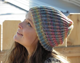 Hand Loom-Knitted Beanie in Muted Multi-colored Stripe (item #9)