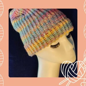 Hand Loom-Knitted Beanie in Muted Multi-colored Stripe (item #9)