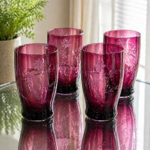 Juego de vasos de cristal color arándano vintage, artículos de bar con grabado floral en amatista.