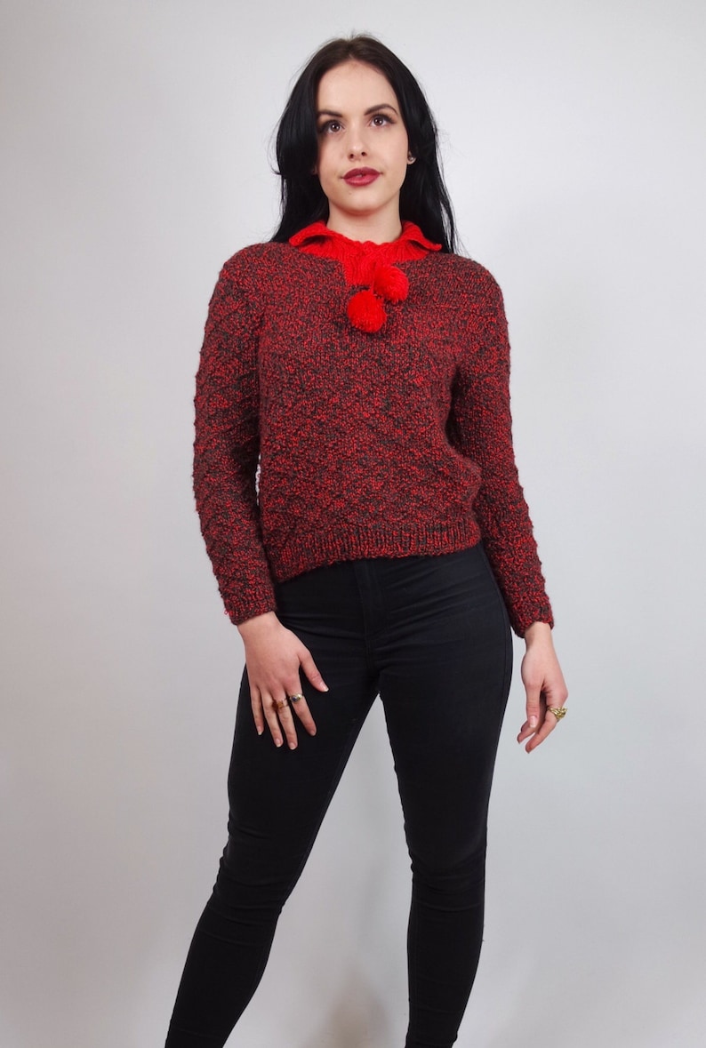 vintage red jumper pom pom vintage retro hand knitted sweater