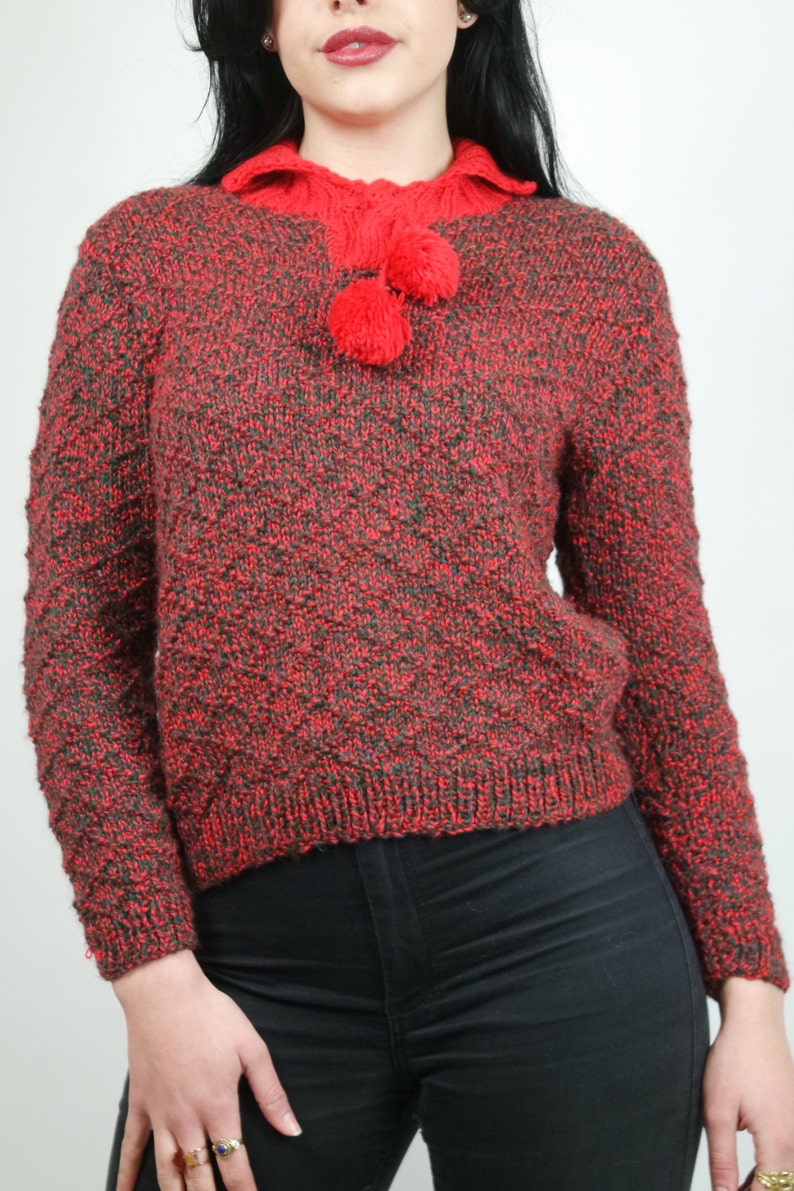 vintage red jumper pom pom vintage retro hand knitted sweater