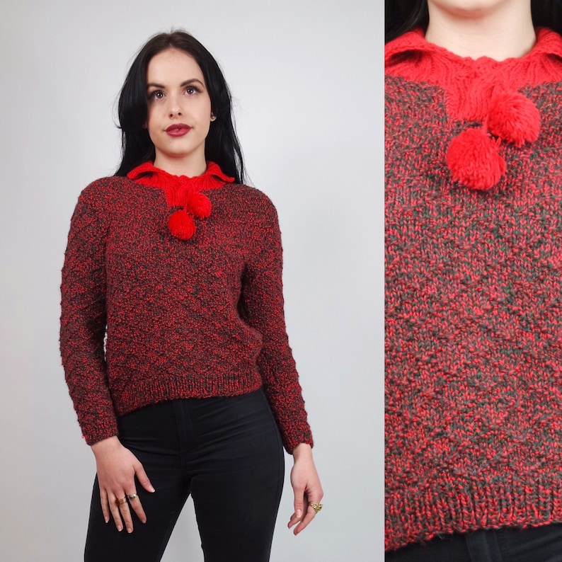 vintage red jumper pom pom vintage retro hand knitted sweater
