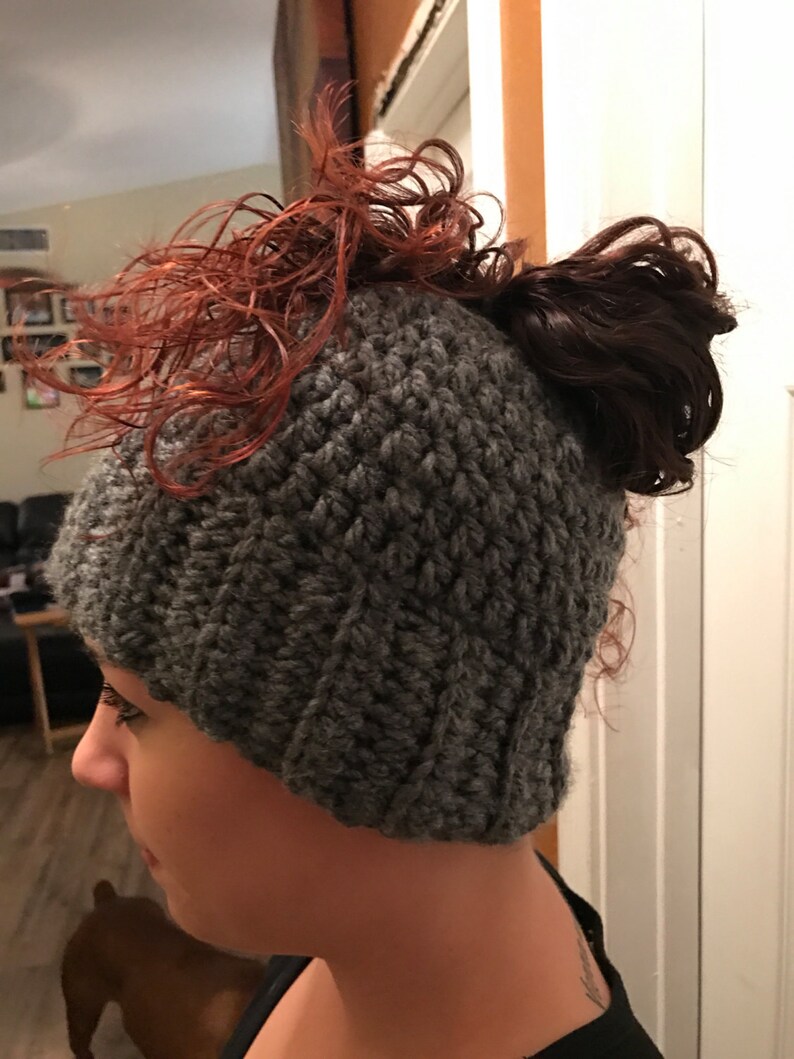 Ponytail hat , messy bun hat, ponytail, messy bun, crochet hat, bun hat,gray messy bun, winter hat, runners hat,gifts, crochet messy bun hat image 3