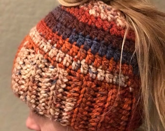 Crochet Ponytail Hat, Multi Color Messy Bun Beanie, Runners Winter Hat