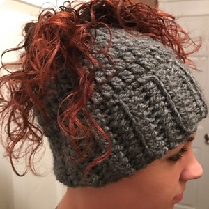 Ponytail hat , messy bun hat, ponytail, messy bun, crochet hat, bun hat,gray messy bun, winter hat, runners hat,gifts, crochet messy bun hat image 1