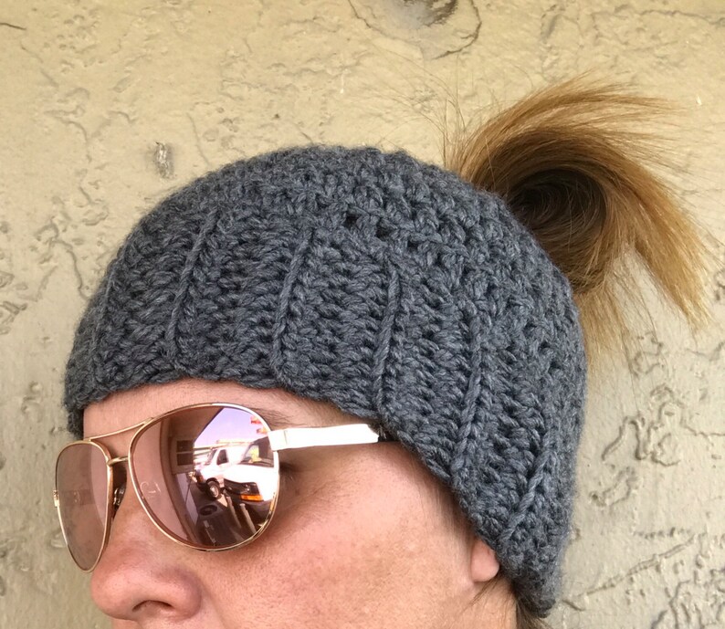 Ponytail hat , messy bun hat, ponytail, messy bun, crochet hat, bun hat,gray messy bun, winter hat, runners hat,gifts, crochet messy bun hat image 2