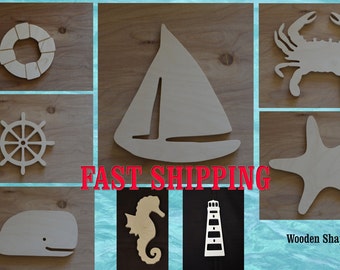 Nautical Shapes - 16" Size - Unpainted Wood - Wall Hanging Decor - Kids Crafts - DIY Project - Nautical Theme - Beach Decor - Wood Signs