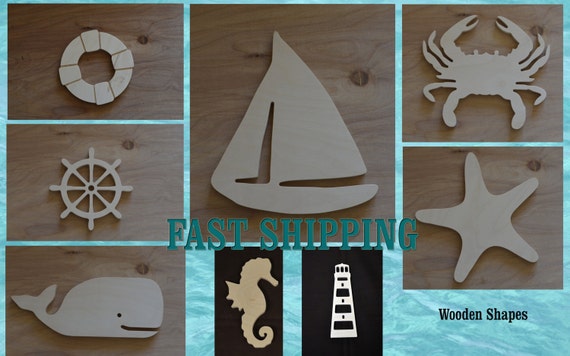 4 small wooden Nautical shapes Boat Seagull lighthouse beach sign decorations