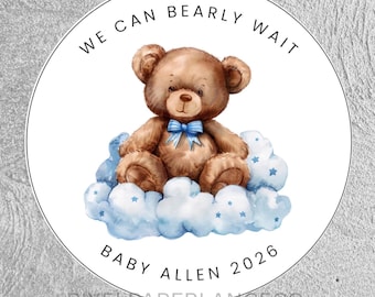 Bear Baby Shower Sticker or Tag | Bearly Wait | Guest Gift | Party Label | Cookie or Treat Bag | Custom