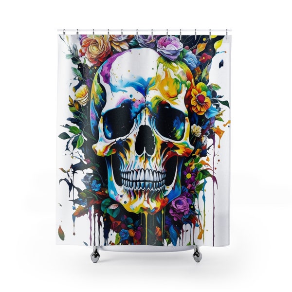Watercolor Floral Skull Gothic Decor Shower Curtain Bathroom Colorful Painting Bath Tub Decorative