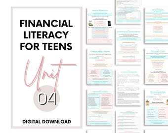 Puede incluir: Una descarga digital titulada Financial Literacy for Teens Unit 04, que presenta una colección de hojas de trabajo educativas con encabezados y cuadros de texto en tonos pastel sobre interés compuesto, ahorro y gestión de deudas.