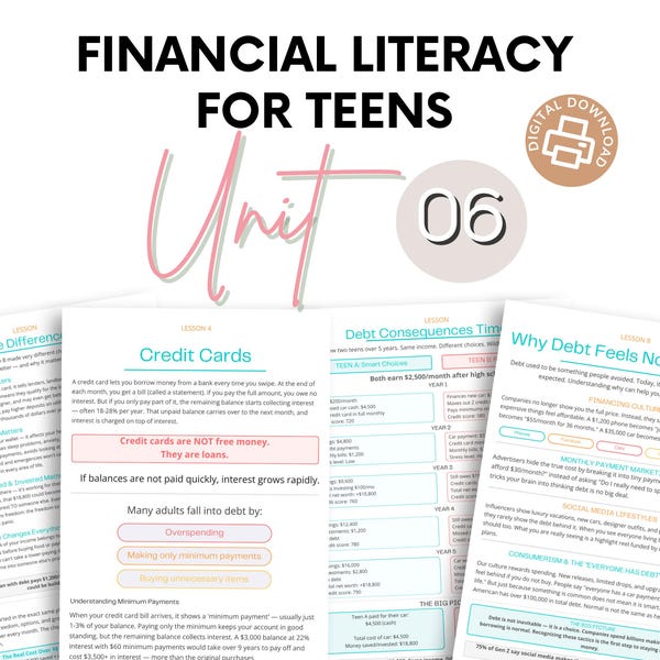 Financial Literacy for Teens Unit 6 | Good vs Bad Debt Curriculum PDF | Credit Cards, Loans & Credit Score Activities | Middle High School