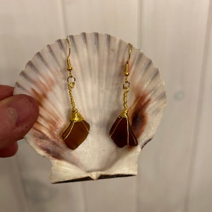 Brown beach glass gold wire wrapped earrings