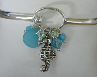 Sterling Silver Bangle Bracelet with Medium Teal Sea Glass, Sea Horse, and Swarovski Crystals