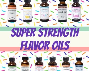 May include: A collection of LorAnn Oils flavour oils in small amber glass bottles with black caps. Flavours include Honey, Banana Cream, Cotton Candy, Cookies & Cream, Bubble Gum, Green Apple, Cake Batter, Watermelon, Peach, Pina Colada, and Blueberry. The text "SUPER STRENGTH FLAVOR OILS" is displayed.