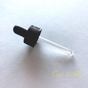 May include: A black dropper bottle with a clear glass dropper. The dropper has a black rubber tip.