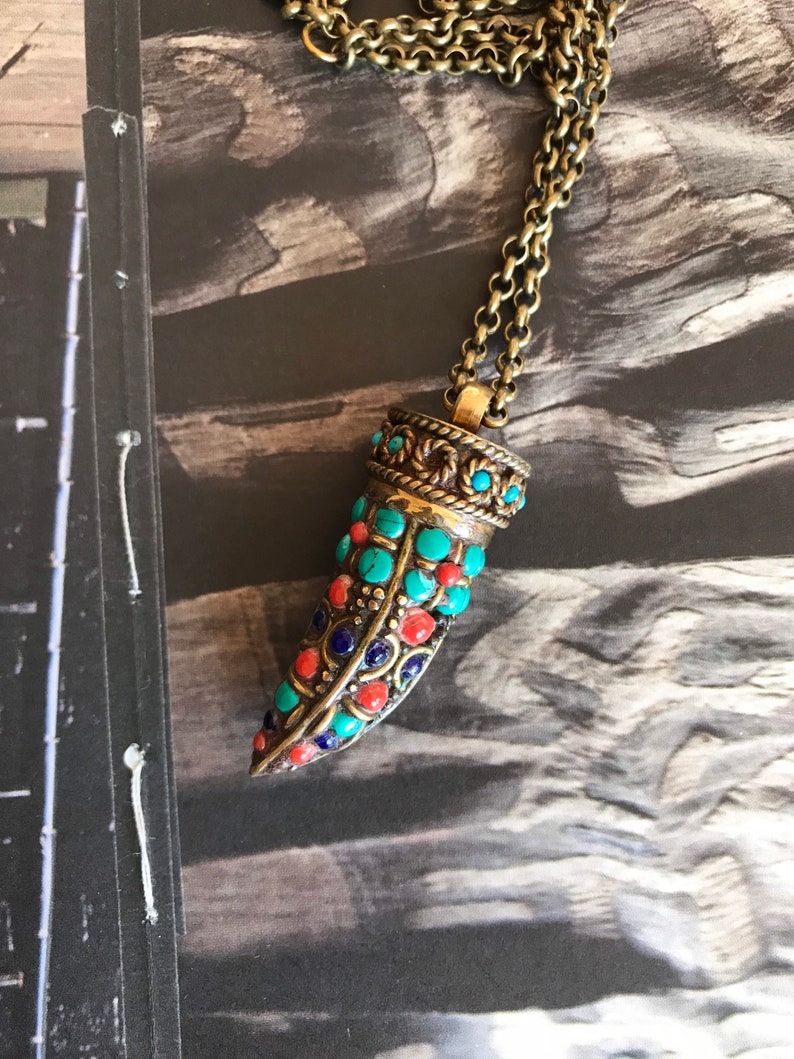 Tibetan tusk necklace,Brass rolo chain,Tusk pendant necklace,Handmade jewelry