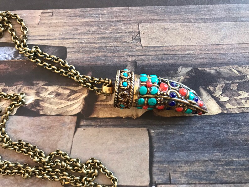 Tibetan tusk necklace,Brass rolo chain,Tusk pendant necklace,Handmade jewelry