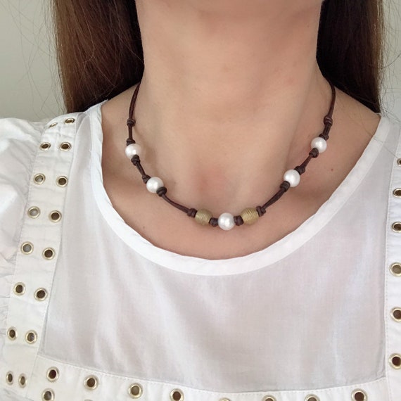 Freshwater pearls and Brass african beads,Good quality,Real brown leather knotted,Handmade choker,Brass metal lobster clasp Freshwater pearls and Brass african beads,Good quality,Real brown leather knotted,Handmade choker,Brass metal lobster clasp