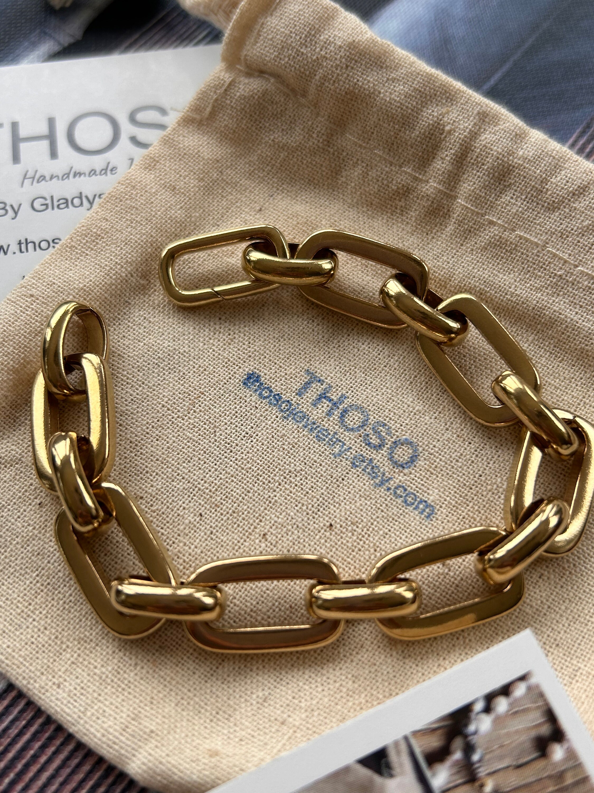 ブレスレット Brass Heavy Strap Link Chain Bracelet / Cuff Chunky Bracelet, Solid Brass Metal Bracelet, Chain Bracelet