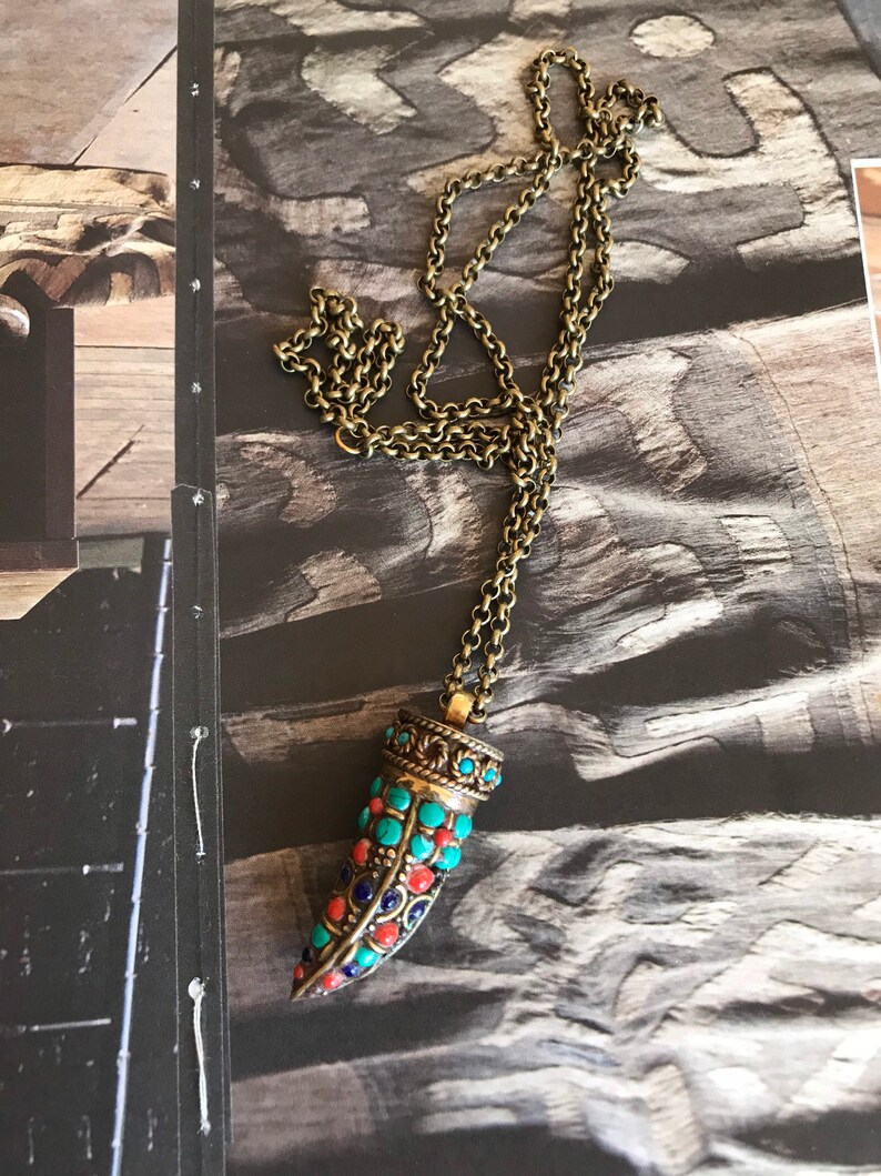 Tibetan tusk necklace,Brass rolo chain,Tusk pendant necklace,Handmade jewelry