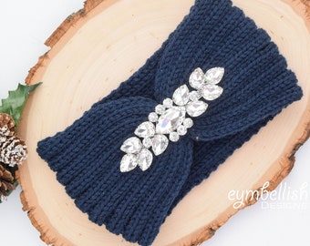 Winter Accessories, Rhinestone Knit Headband, Embellished Ear Warmers, Christmas gift, headwrap with rhinestone applique, winter headband